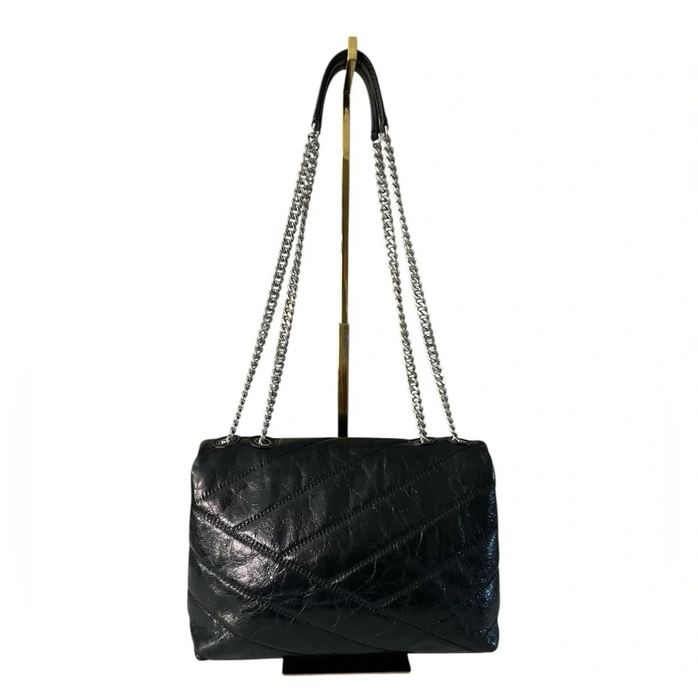 Tory Burch Kira Black Glazed Leather Crossbody Shoulder Bag Silver Hardware